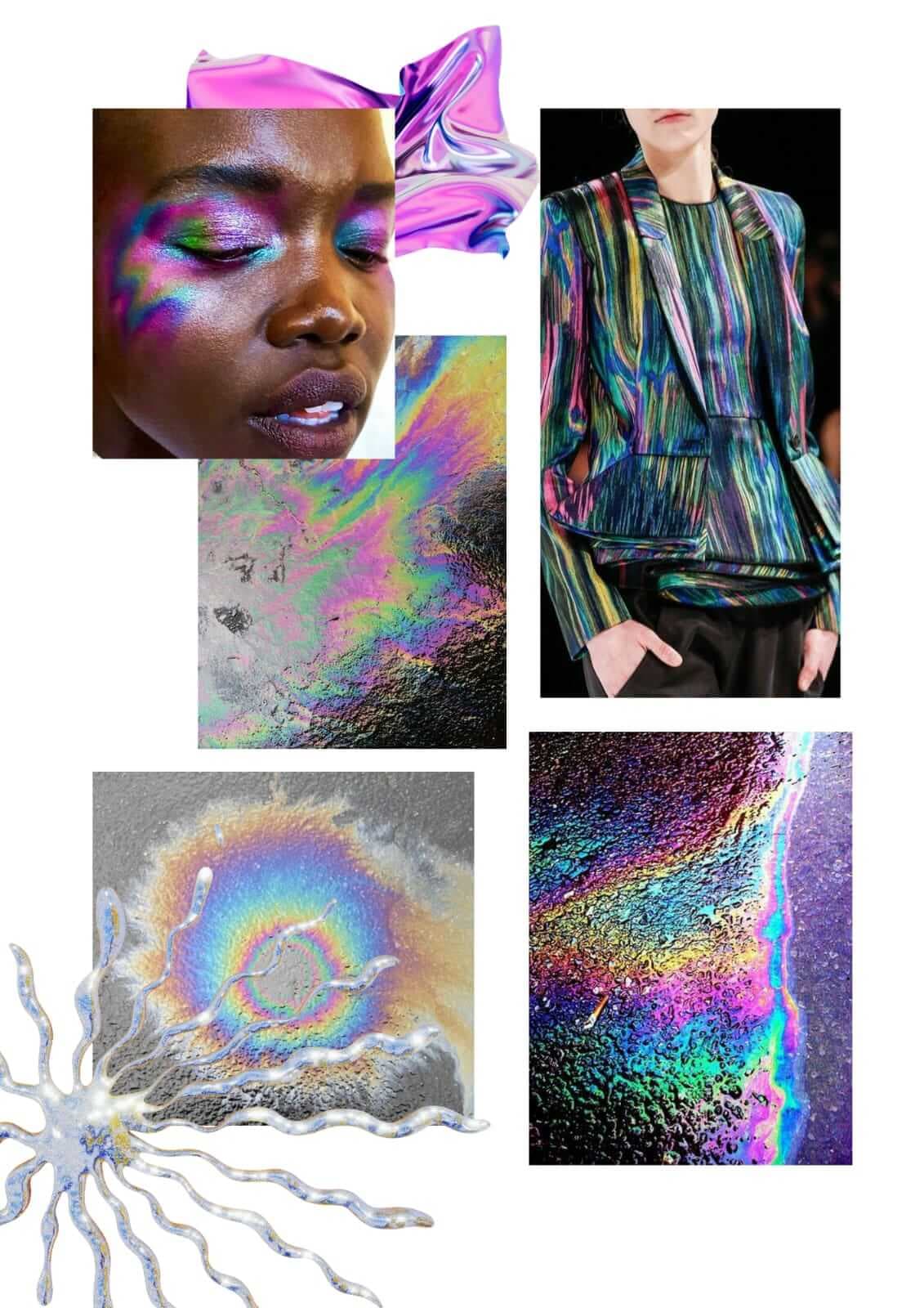 Psychedelic fashion moodboard featuring bold colors, shimmering textures, and cosmic designs"