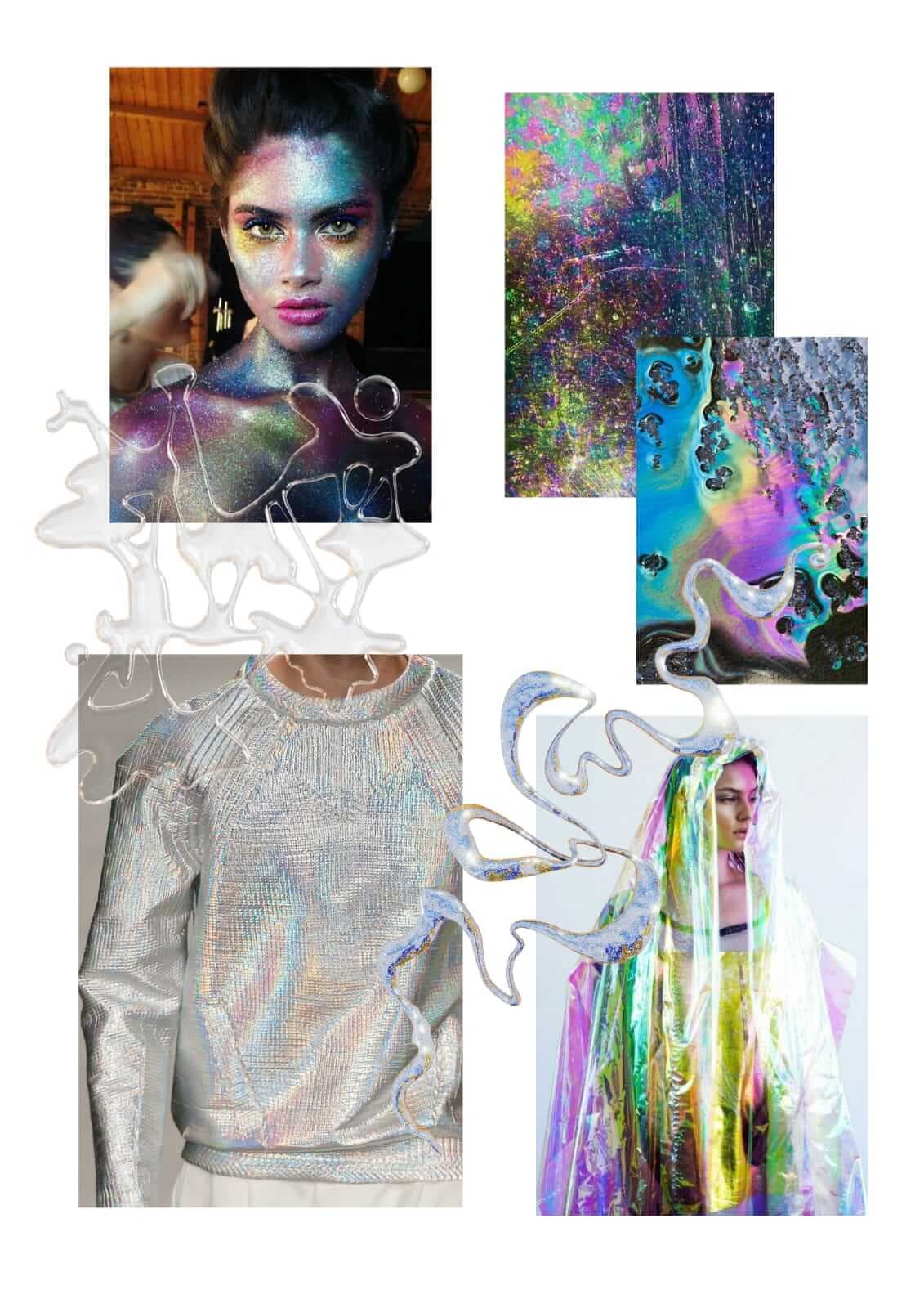 Psychedelic fashion moodboard with iridescent fabrics, tie-dye patterns, and futuristic metallics