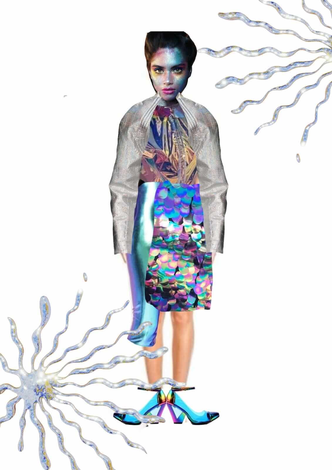 Psychedelic fashion collage showcasing vibrant textures, holographic materials, and layered prints