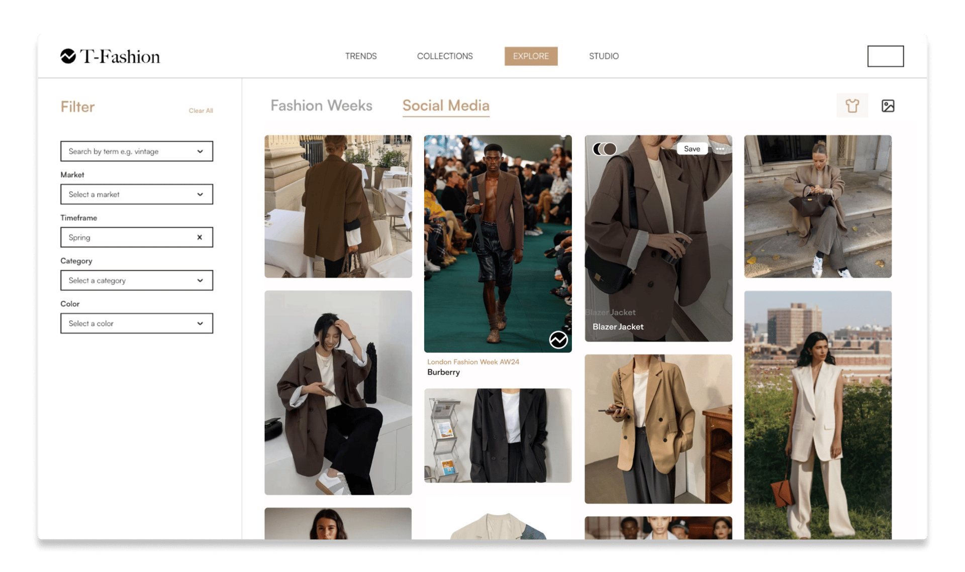 T-Fashion Explore Panel - Interactive dashboard showing AI-powered market dynamics and trend analysis interface