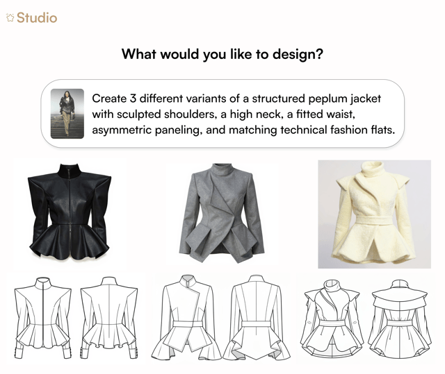 T-Fashion Studio turning a runway look and a written brief into three peplum jacket variants with technical flats