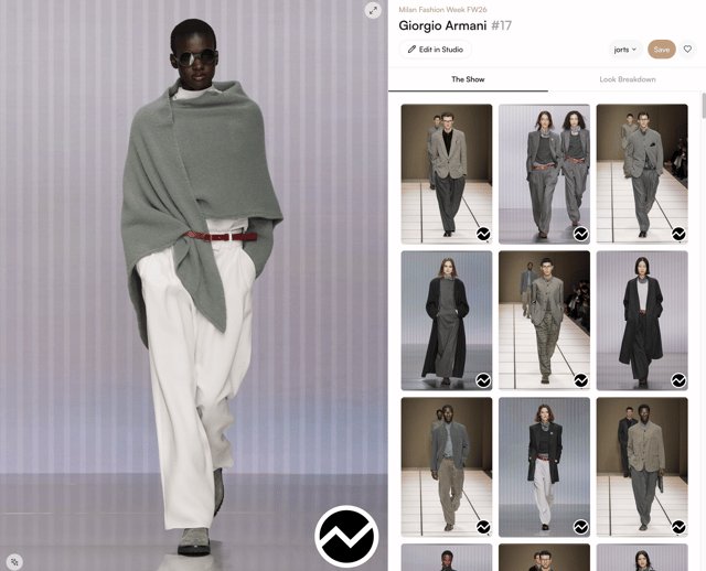 T-Fashion Explore showing a Giorgio Armani FW26 look with the full show grid and an Edit in Studio button