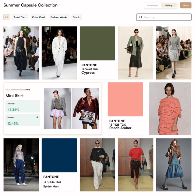 A T-Fashion Moodboard titled Summer Capsule Collection with runway looks, Pantone TCX color cards and a mini skirt trend card