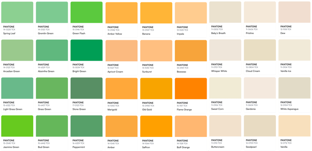 A grid of Pantone TCX color cards in greens, oranges and creams from T-Fashion
