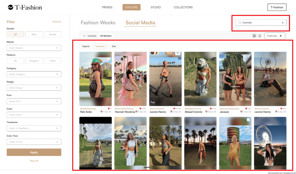 The T-Fashion Explore interface, showing an AI-powered search for 'Coachella' looks on social media