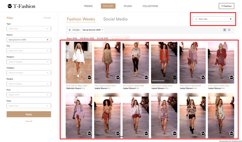 The T-Fashion Explore interface, showing an AI-powered search for 'Boho style' looks on Fashion Weeks