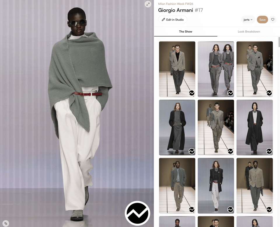 T-Fashion Explore showing a Giorgio Armani FW26 look with the full show grid and an Edit in Studio button
