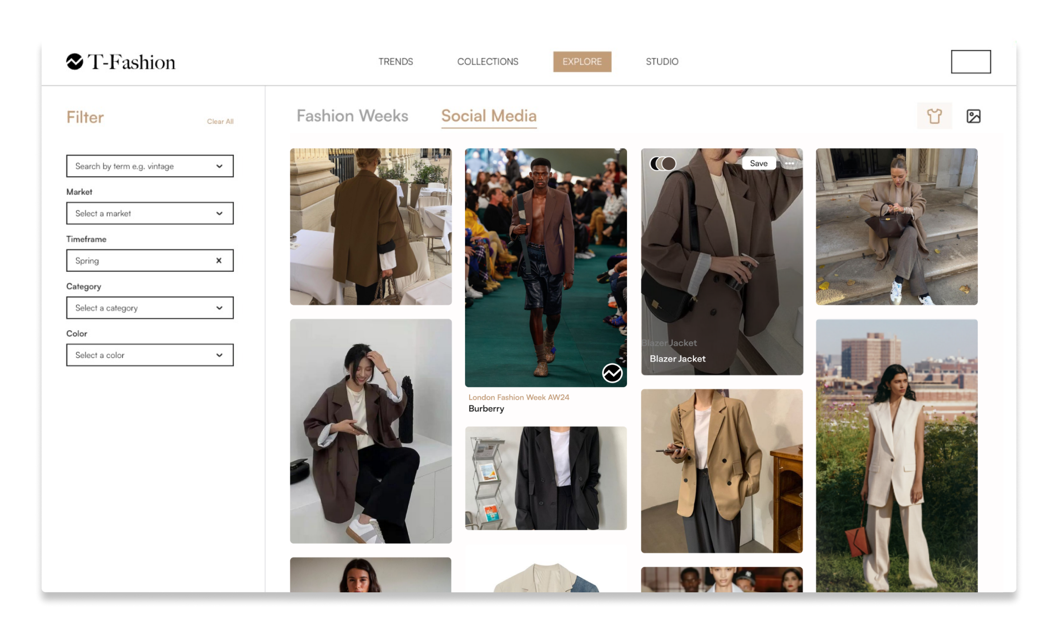 T-Fashion Explore Panel - Interactive dashboard showing AI-powered market dynamics and trend analysis interface
