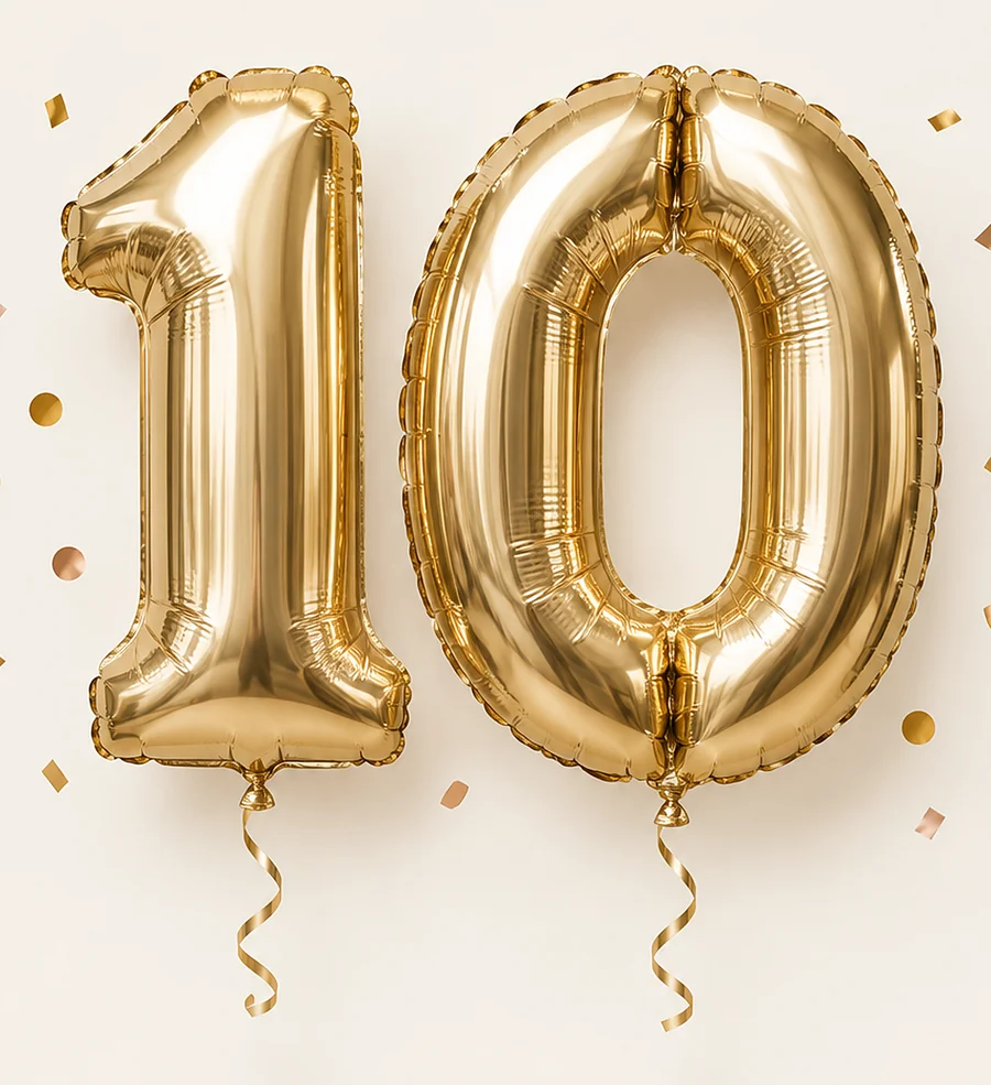 Gold balloons shaped as the number 10